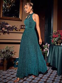 Simplee 鎖眼領金屬亮絲吊脖舞會洋裝 - 綠色 - 查看 5