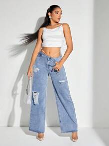 SHEIN BAE Jeans mit Riss, weitem Beinschnitt, - Blau - Übersicht 6