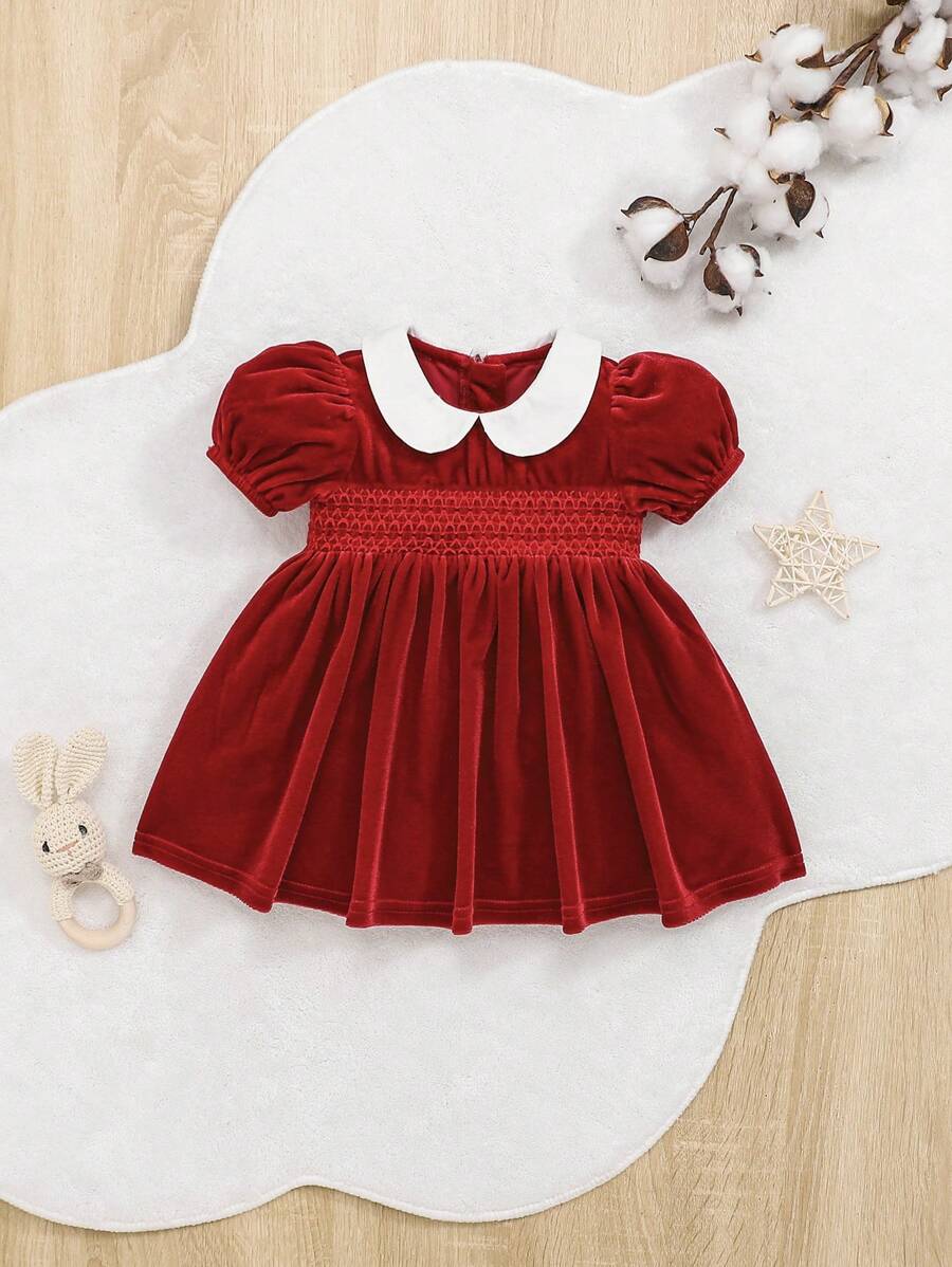 SHEIN Baby Girl Contrast Collar Puff Sleeve Smock Dress for Christmas - Burgundy - View 1