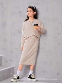 SHEIN Leap Crew Tween Girl 超大复古蝙蝠袖上衣和中长裙 2 件套 - 杏色 - 查看 3