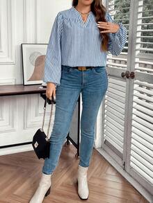 Celure Hơn In sọc Đường viền cổ có rãnh Tay áo lồng đèn Áo sơ mi - Xanh và trắng - Xem 4