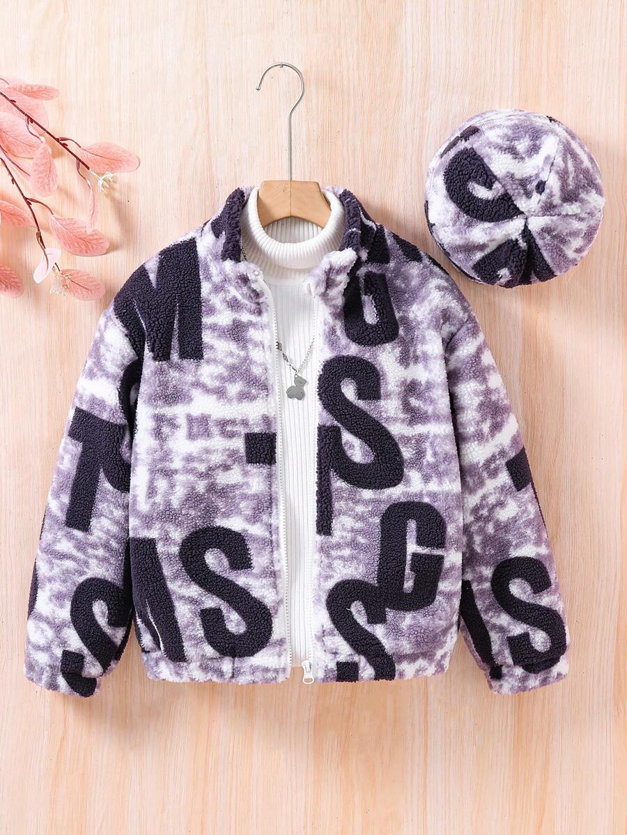 SHEIN Tween Girl Letter Graphic Zip Up Jacket - Multicolor - View 1