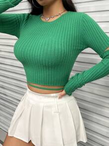 SHEIN Unity Cut Out Ribbed Knit Crop Knit Pullover Fall Winter Sweater - Green - View 4