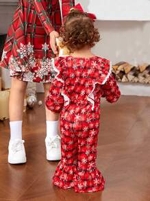 SHEIN Babymeisje 1 stuk Geruite print Ruchestrim Strik aan de achterkant Jumpsuits & 1 stuk Hoofdband