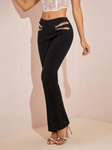 SHEIN Allurite Women's Fashionable Elegant Crystal Decor Hollow Out Slim Flare Pants