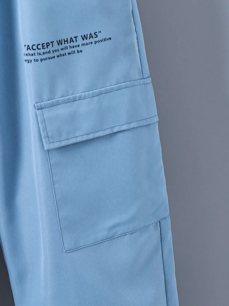 Chico adolescente 3 piezas Pantalones cargo con estampado de slogan con bolsillo con solapa - Negro - Ver 3