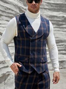 EASEVO Men Plus Plaid Print Shawl Collar Blazer Vest & Suit Pants Without Tee - Navy Blue - View 3