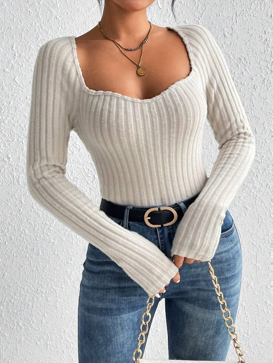 SHEIN Frenchy Sweetheart Neck Ribbed Knit Tee - Apricot - View 1
