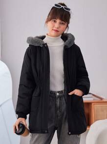 少女拉链毛绒装饰连帽棉服外套 - 黑色 - 查看 1