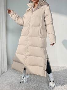 SHEIN EZwear Zip Up Snap Button Side Hooded Padded Coat In Fall/Winter - Apricot - View 7