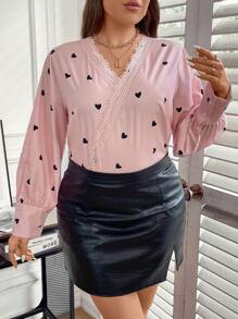 SHEIN Clasi Hơn In Trái tim Đồ trang trí Lace hoa văn Tay áo lồng đèn Chèn ren Guipure Áo sơ mi - Hồng - Xem 6