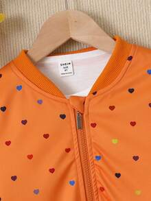 SHEIN Cô Gái Trẻ 1 Miếng In Trái tim Dây kéo Áo khoác bomber - trái cam - Xem 5