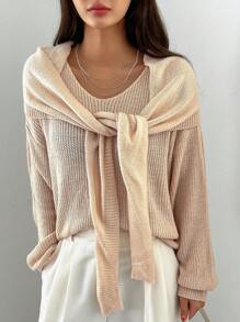 DAZY Solid Drop Shoulder Sweater With Scarf Fall