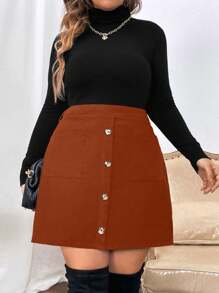 Calvaya 大碼高腰前紐扣半身裙 - 鏽棕色 - 查看 1