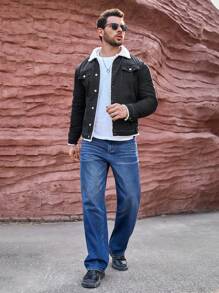 Manfinity Homme Lỏng lẻo phù hợp Nam Áo khoác denim Với Cổ áo Borg Và Sang trọng Lót - màu đen - Xem 4