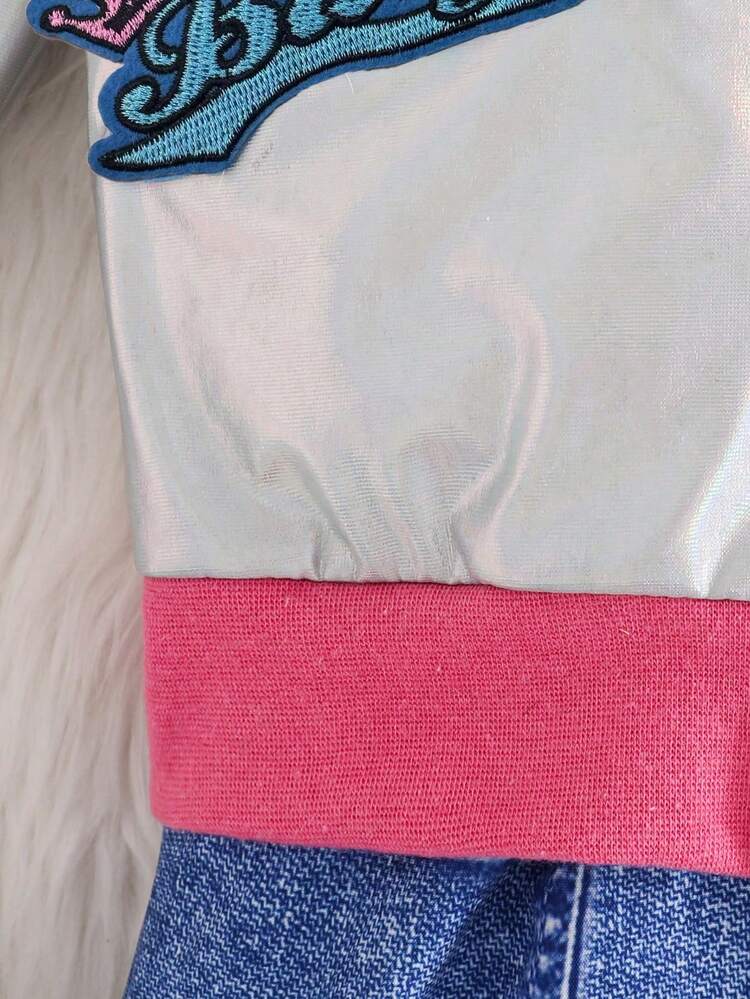 Young Girl Letter Graphic Ruffle Trim Bomber Jacket & Skirt