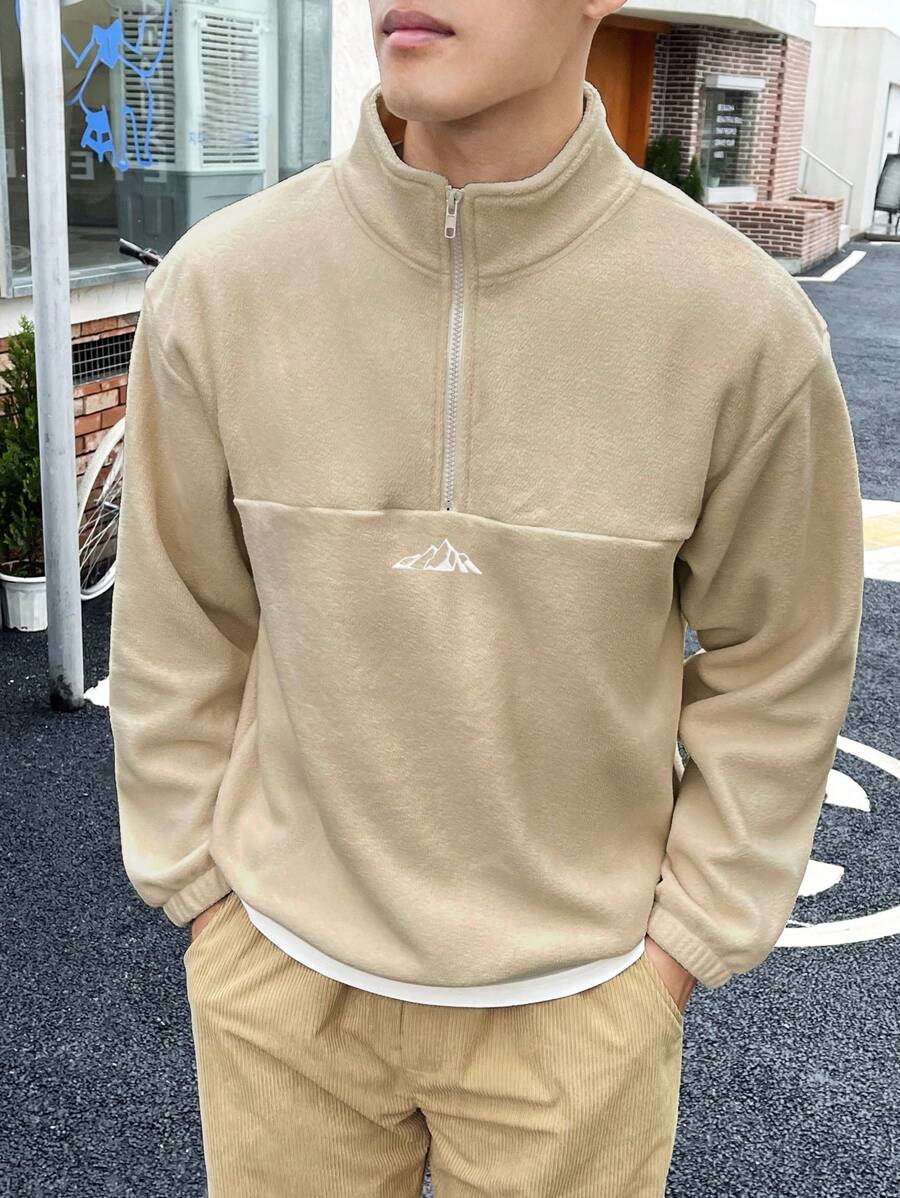 Manfinity Homme 宽松版型男士登山图案抓绒四分之一拉链卫衣，适合秋冬季节，长袖上衣 - 杏色 - 查看 1