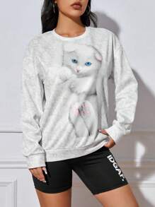 SHEIN Unity Cat Print Drop Shoulder Sweatshirt Pullover Fall Sweatshirt - White - View 5