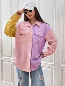 SHEIN EZwear Colorblock Flap Pocket Drop Shoulder Corduroy Coat - Multicolor - View 6