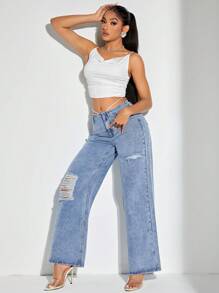SHEIN BAE Jeans mit Riss, weitem Beinschnitt, - Blau - Übersicht 3