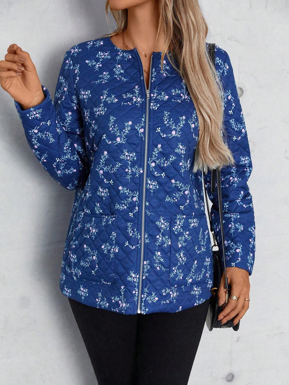 Floral Print Zip Up Padded Coat