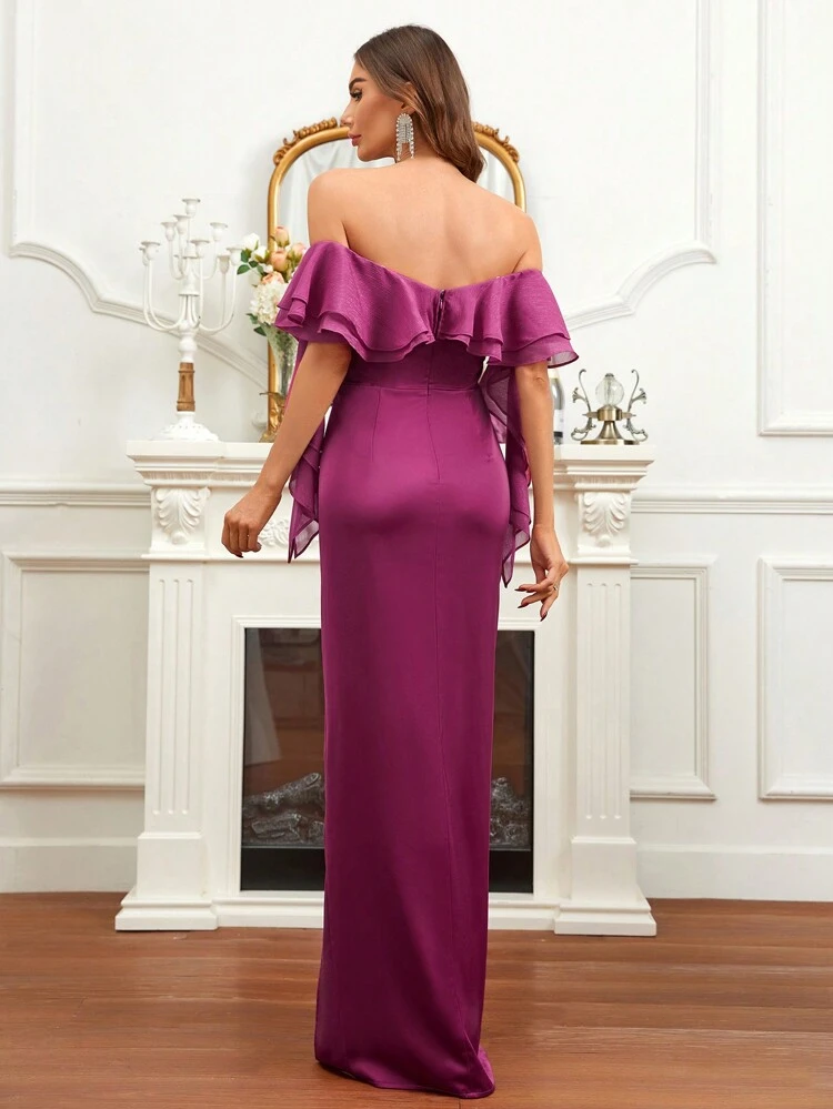 Off Shoulder Ruffle Trim Split Thigh Satin Formal Dress