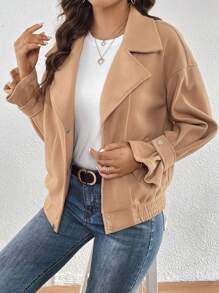SHEIN LUNE Drop Shoulder Slant Pocket Button Front Overcoat - Camel - View 4