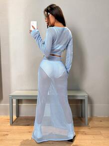 SHEIN Unity Solid Crop Sweater & Twist Front Knit Skirt Without Lingerie Set Fall Cloth For Women - Baby Blue - View 2