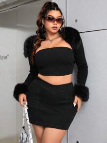 SHEIN ICON Váy denim bó sát cạp cao Plus, mùa hè - màu đen - Xem 6