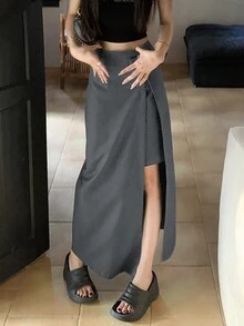 灰色高腰開衩女款半身裙