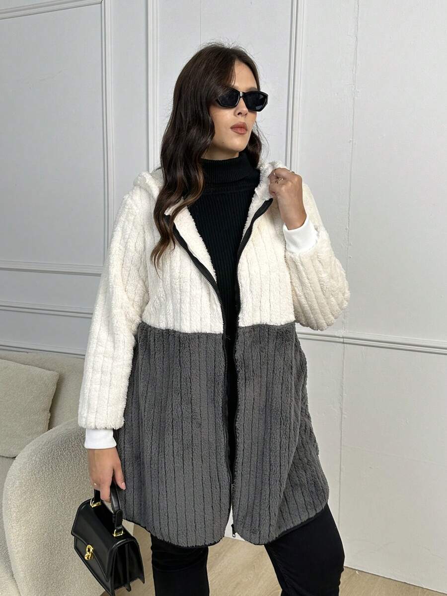 SHEIN LUNE Plus Two Tone Hooded Teddy Coat