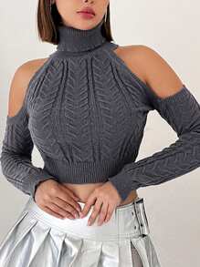 SHEIN ICON Turtleneck Cold Shoulder Knit Top - Grey - View 7