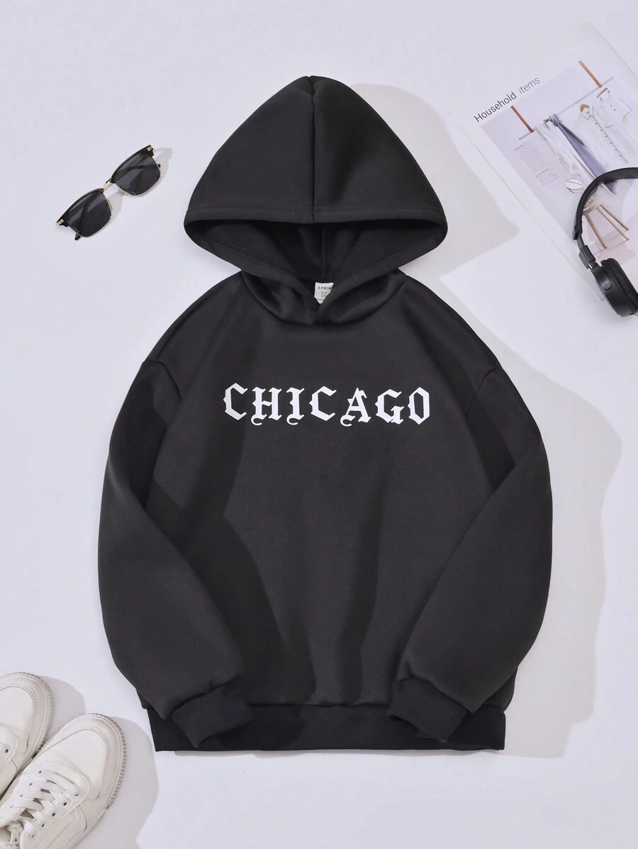 SHEIN 青少年男孩哥特字母和背面印花卫衣 - 黑色 - 查看 1