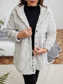 Calvaya Plus Size Casual Solid Color Fleece Hooded Jacket For Autumn/Winter - Light Grey - View 3