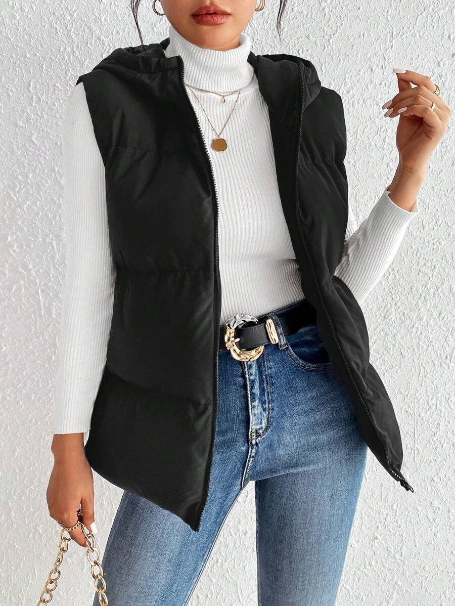 SHEIN Frenchy Zip Up Hooded Vest Padded Coat - Black - View 1