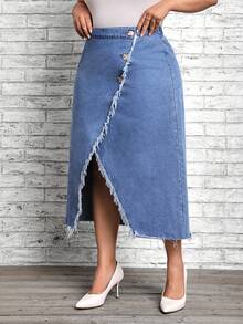 SHEIN LUNE 大碼前紐扣毛邊緣圍裹下擺牛仔半身裙 - 淺色水洗藍 - 查看 5