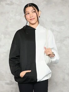 少女蝴蝶印花双色落肩卫衣 - 黑與白 - 查看 2