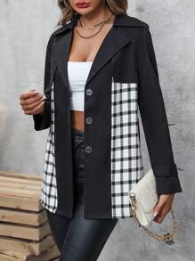 SHEIN LUNE Gabardina con estampado de cuadros con cinturón - Blanco y Negro - Ver 5