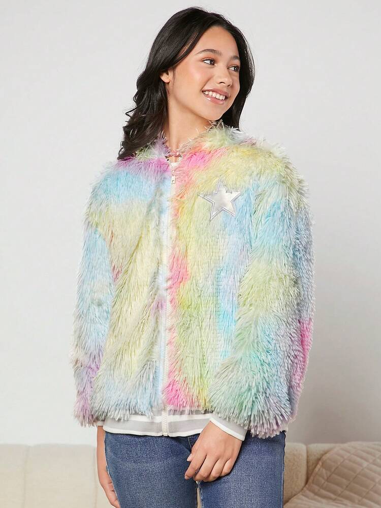 Teen Girl Tie Dye Drop Shoulder Hooded Fuzzy Coat