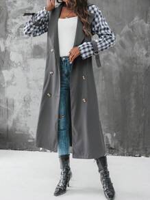 Chiquease Gabardina con estampado de cuadros de doble botonadura con cinturón - Gris - Ver 3