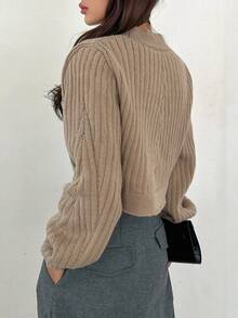 DAZY Chất rắn Mở Mặt trước Mùa vụ Áo len Duster - Lạc đà - Xem 2