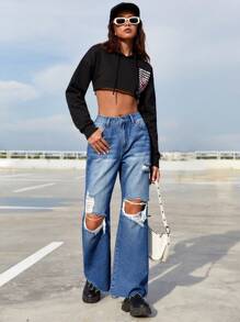SHEIN EZwear Ripped Raw Hem Flare Leg Jeans
