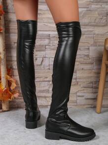 Women's Fashionable Over-the-knee Boots, Knee-high Riding Boots, Versatile Flat Chunky Heels Stretchy British Style Slim Fit Boots - Black - View 2