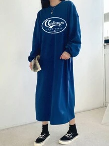 DAZY 字母圖案落肩T恤連衣裙 - 藍色 - 查看 5