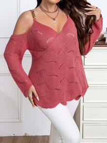 Celure Hơn Vai lạnh Chi tiết chuỗi Vai lạnh Dệt kim chấm bi Chi tiết chuỗi Áo len - Màu Hồng  Dưa hấu - Xem 6