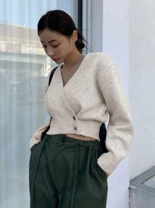 DAZY 前扣落肩短款开衫、长袖上衣 - 米色 - 查看 3