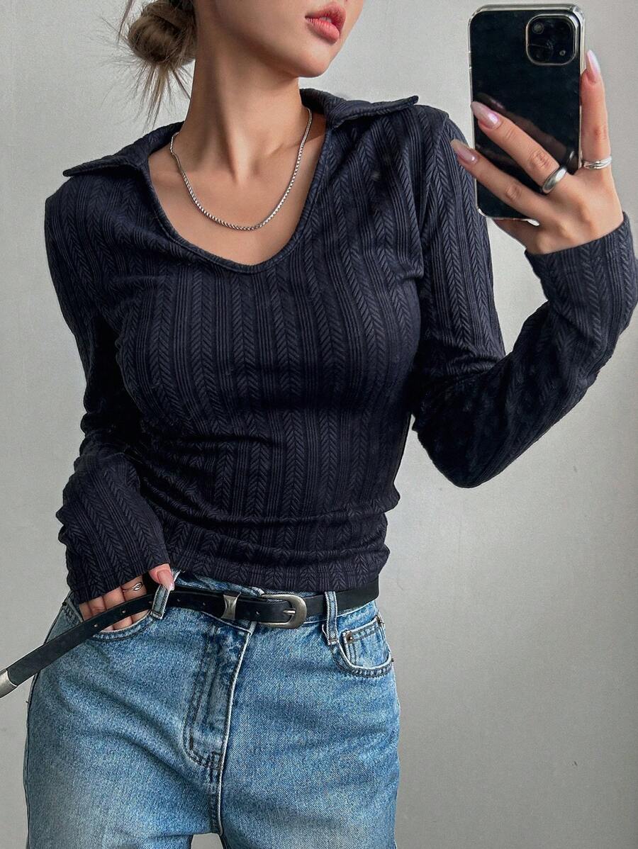 DAZY 纯色V领罗纹针织长袖T恤（女款） - 藏蓝色 - 查看 1