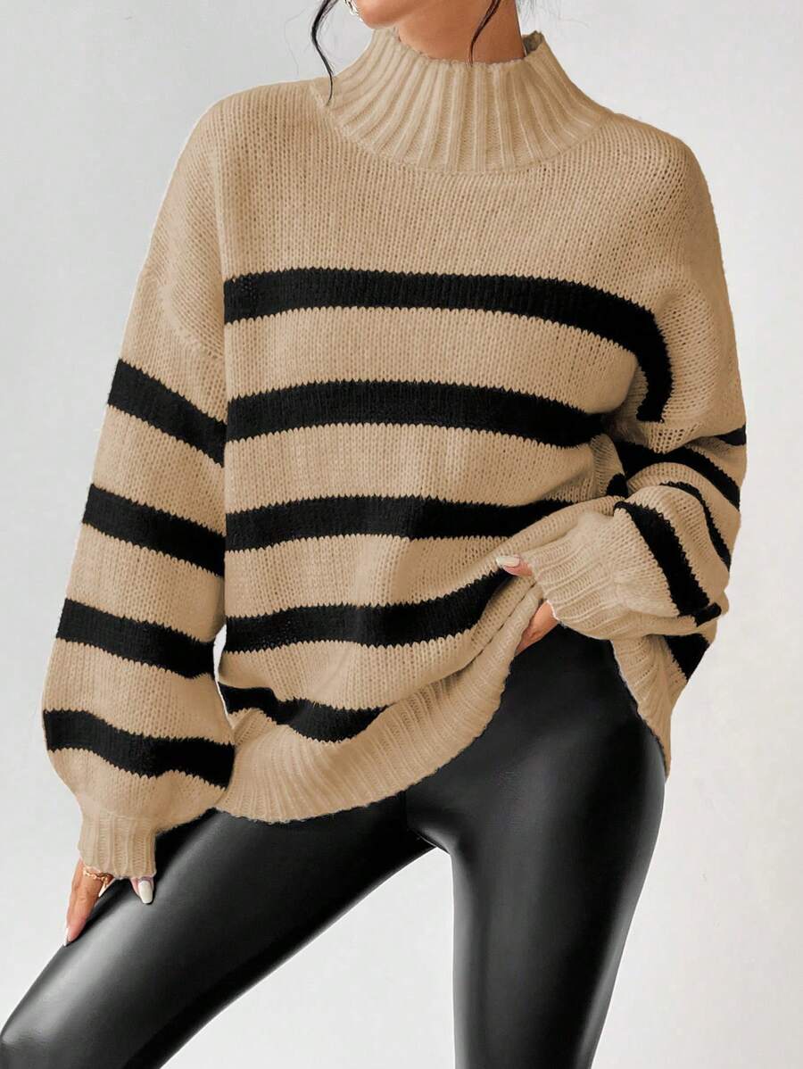 SHEIN LUNE Striped Pattern Mock Neck Drop Shoulder Sweater Knit Pullover Fall Winter Outfit - Khaki - View 1