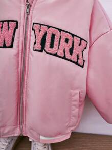 SHEIN Young Girl Letter Graphic Striped Trim Drop Shoulder Bomber Jacket