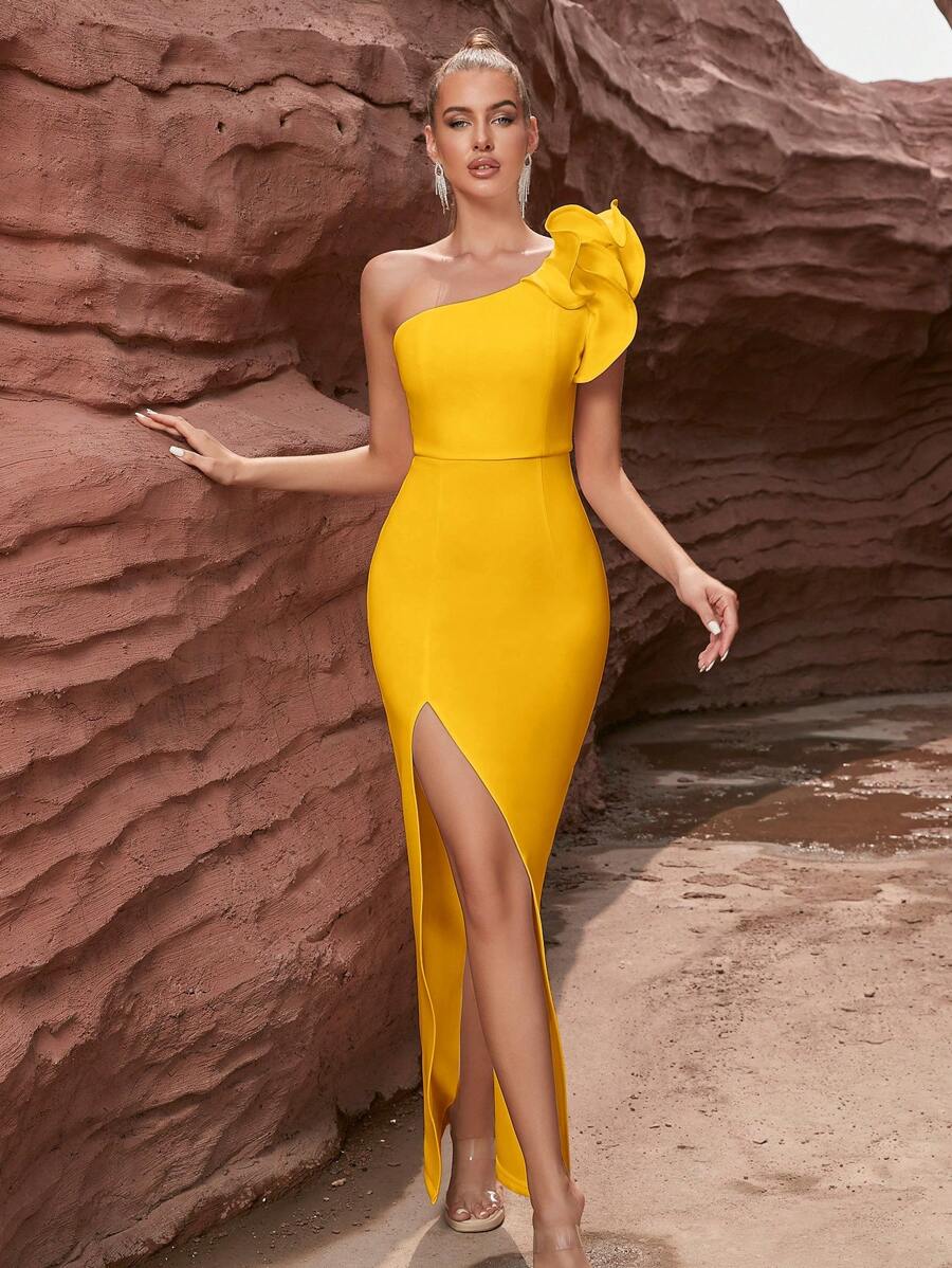 ADYCE Asymmetrical Neck Ruffle Trim Split Thigh Cocktail Party Bandage Dress Wedding Guest Dress Formal Dress Evening Dress, Butter Yellow, Gown, Elegant - Yellow - View 1